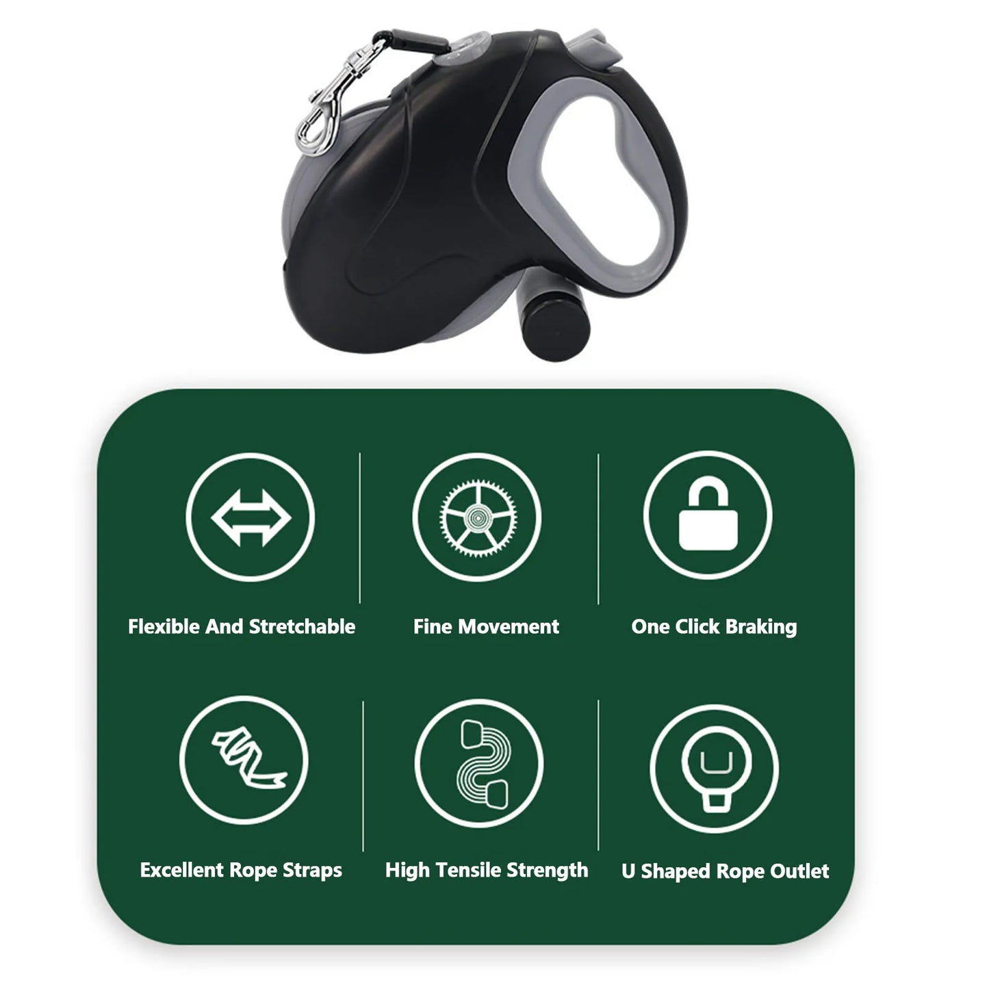 10-meter retractable dog leash with a 360° tangle-free, non-slip handle and a poop bag dispenser, ideal for outdoor walks