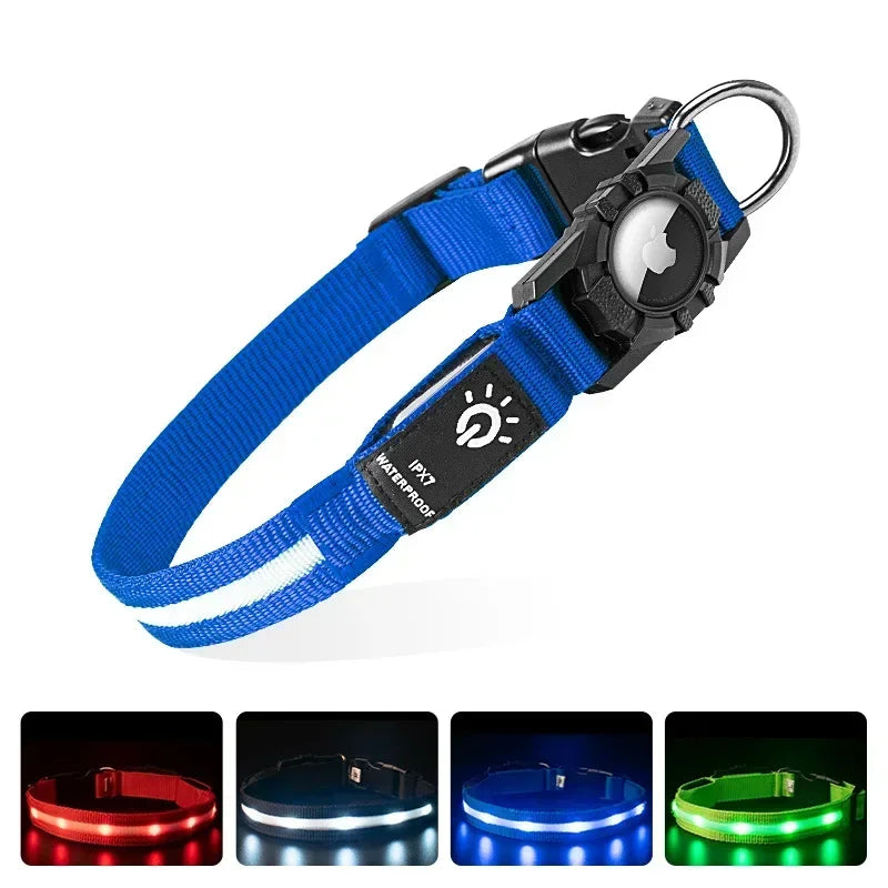 LED Luminous Adjustable Dog Collar Rechargeable Heavy Duty Collar Equipped AirTag Case for Small Medium Large Outdoor Pet Dogs