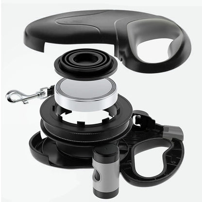 10-meter retractable dog leash with a 360° tangle-free, non-slip handle and a poop bag dispenser, ideal for outdoor walks