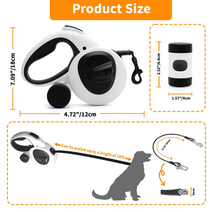 Retractable Dog Leash with USB Rechargeable LED Light, Heavy Duty Dog Lead, Poop Bag Holder, Steel Cable,16 ft