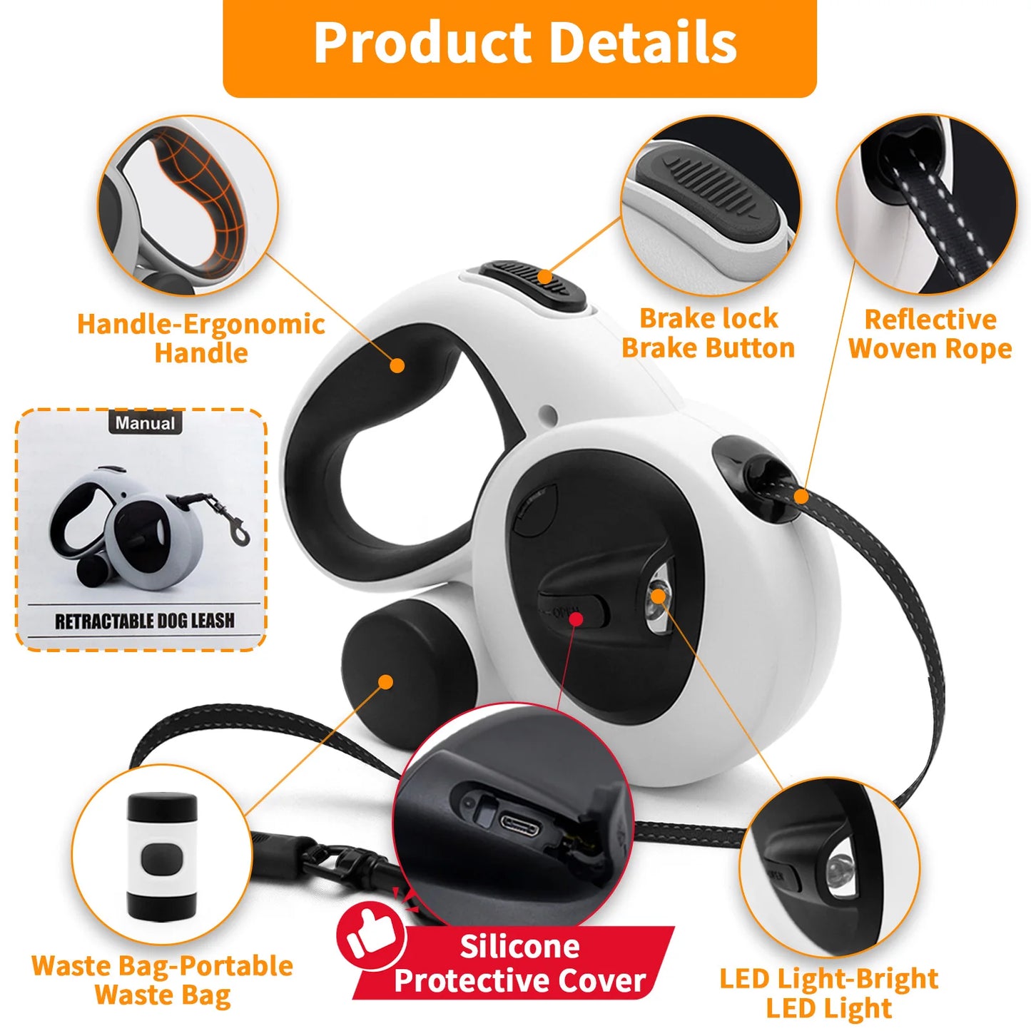 Retractable Dog Leash with USB Rechargeable LED Light, Heavy Duty Dog Lead, Poop Bag Holder, Steel Cable,16 ft