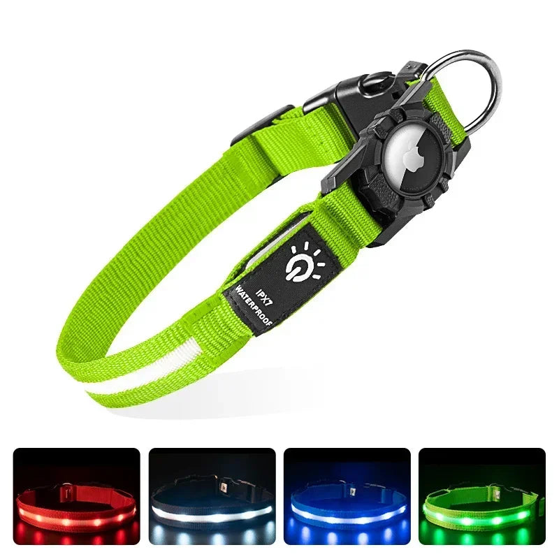 LED Luminous Adjustable Dog Collar Rechargeable Heavy Duty Collar Equipped AirTag Case for Small Medium Large Outdoor Pet Dogs