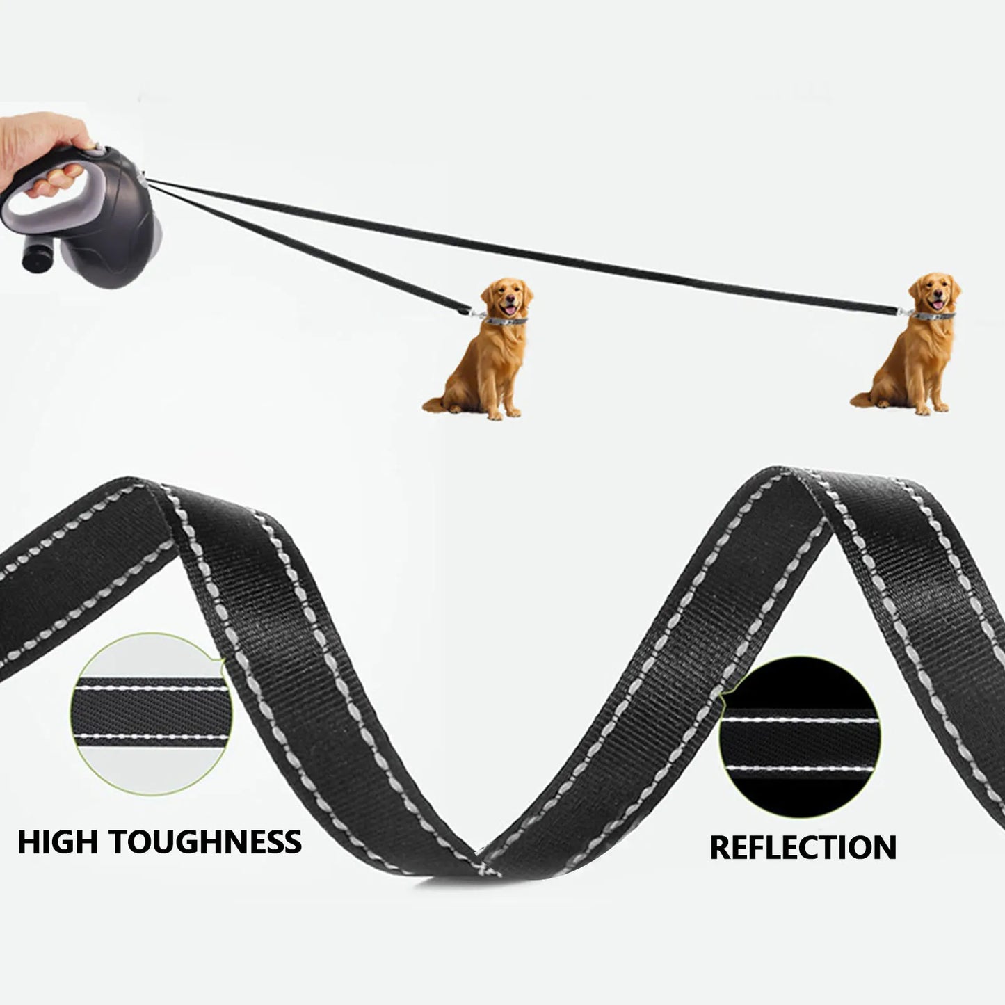 10-meter retractable dog leash with a 360° tangle-free, non-slip handle and a poop bag dispenser, ideal for outdoor walks