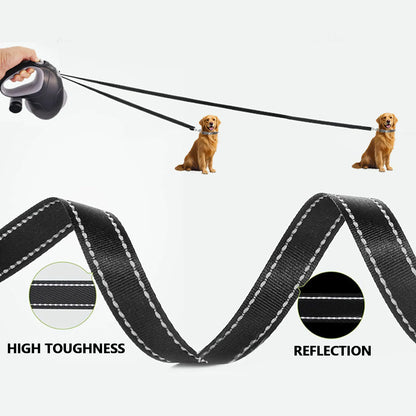 10-meter retractable dog leash with a 360° tangle-free, non-slip handle and a poop bag dispenser, ideal for outdoor walks