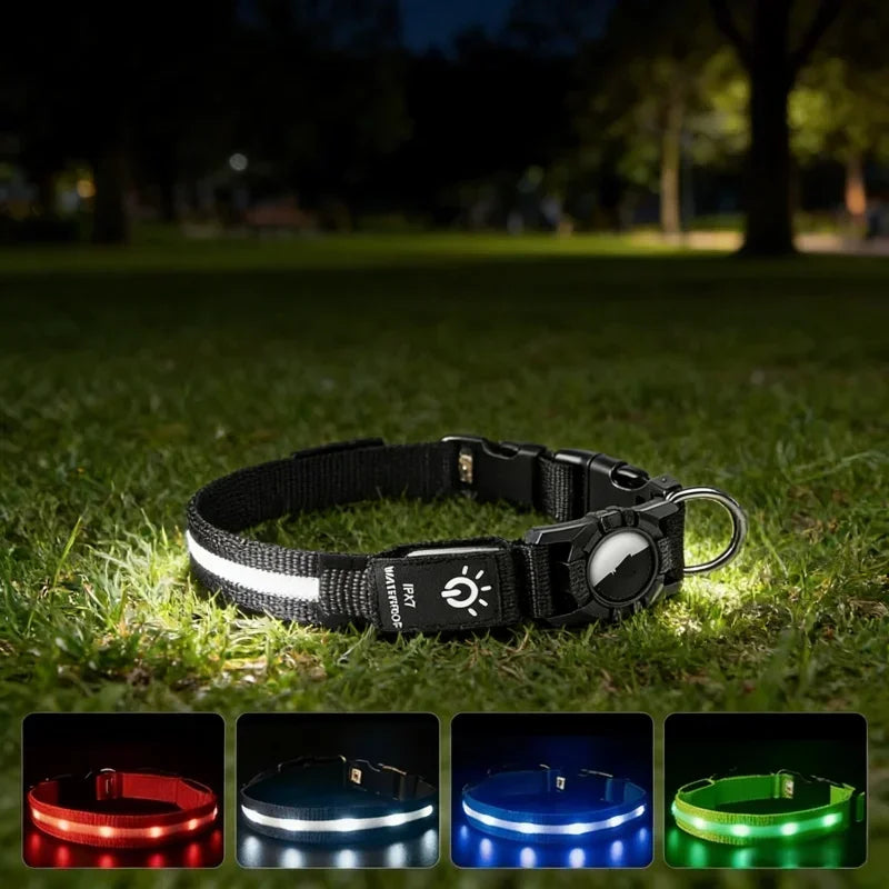 LED Luminous Adjustable Dog Collar Rechargeable Heavy Duty Collar Equipped AirTag Case for Small Medium Large Outdoor Pet Dogs