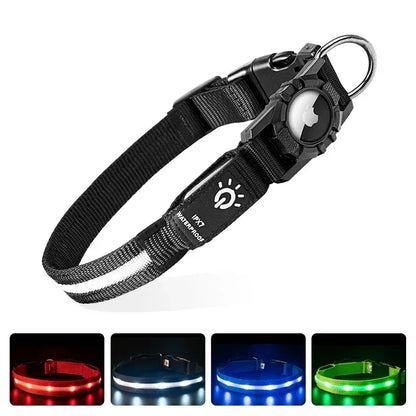 LED Luminous Adjustable Dog Collar Rechargeable Heavy Duty Collar Equipped AirTag Case for Small Medium Large Outdoor Pet Dogs