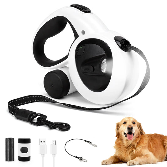 Retractable Dog Leash with USB Rechargeable LED Light, Heavy Duty Dog Lead, Poop Bag Holder, Steel Cable,16 ft