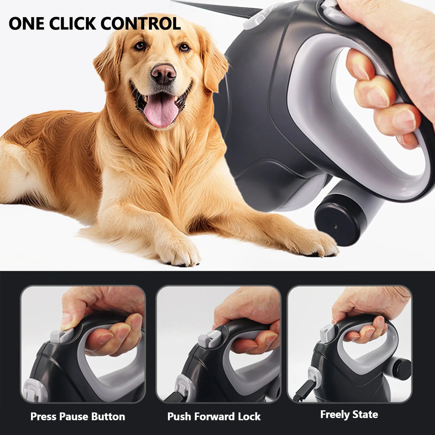 10-meter retractable dog leash with a 360° tangle-free, non-slip handle and a poop bag dispenser, ideal for outdoor walks