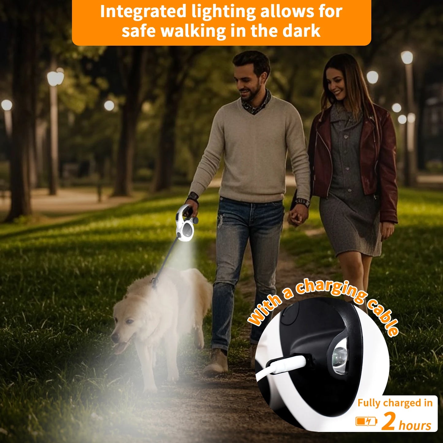 Retractable Dog Leash with USB Rechargeable LED Light, Heavy Duty Dog Lead, Poop Bag Holder, Steel Cable,16 ft