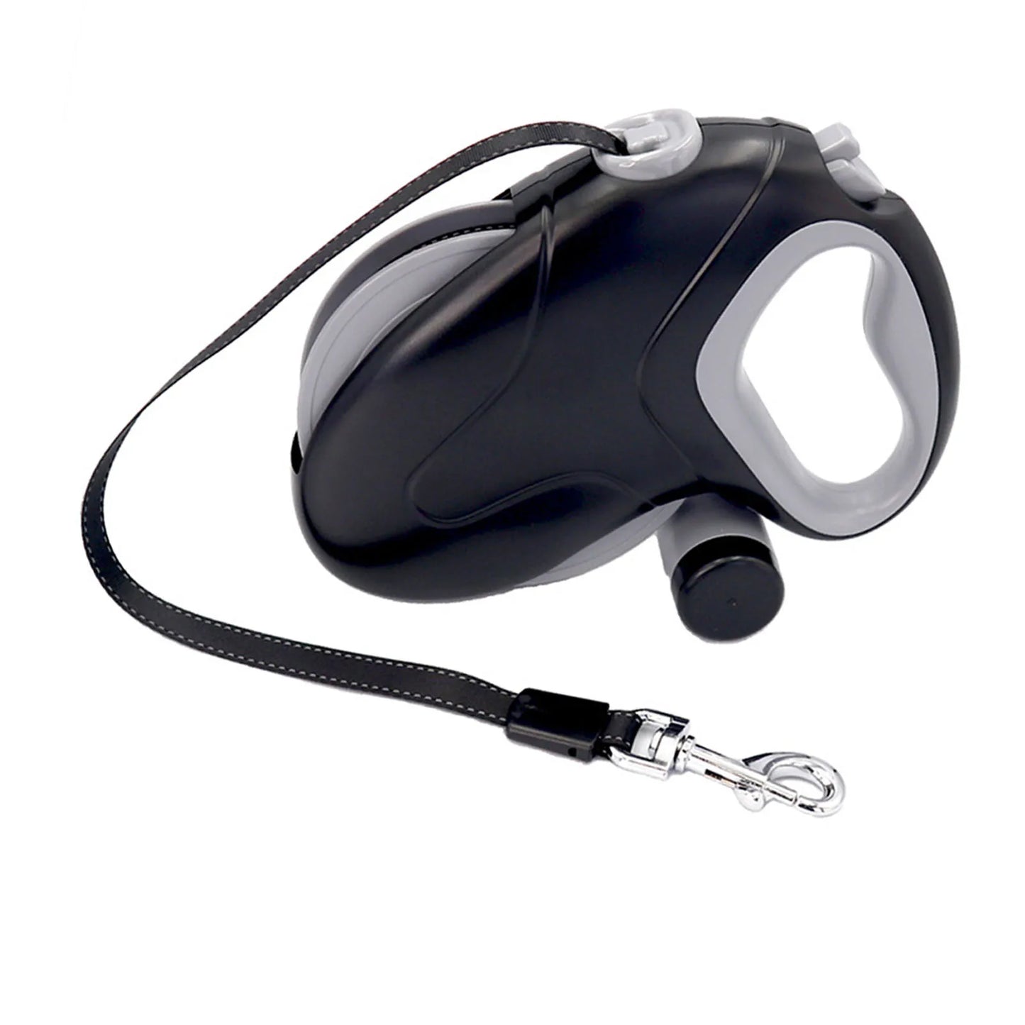 10-meter retractable dog leash with a 360° tangle-free, non-slip handle and a poop bag dispenser, ideal for outdoor walks