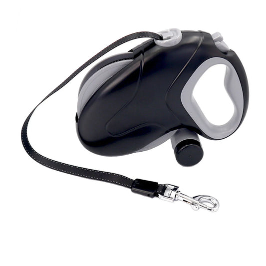 10-meter retractable dog leash with a 360° tangle-free, non-slip handle and a poop bag dispenser, ideal for outdoor walks