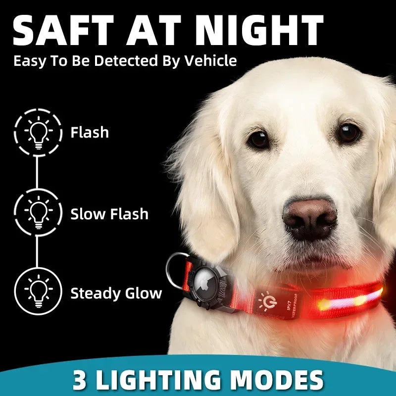 LED Luminous Adjustable Dog Collar Rechargeable Heavy Duty Collar Equipped AirTag Case for Small Medium Large Outdoor Pet Dogs