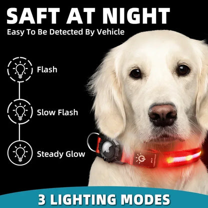 LED Luminous Adjustable Dog Collar Rechargeable Heavy Duty Collar Equipped AirTag Case for Small Medium Large Outdoor Pet Dogs
