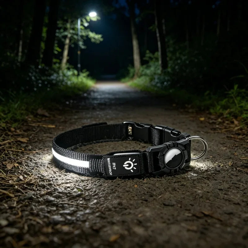 LED Luminous Adjustable Dog Collar Rechargeable Heavy Duty Collar Equipped AirTag Case for Small Medium Large Outdoor Pet Dogs