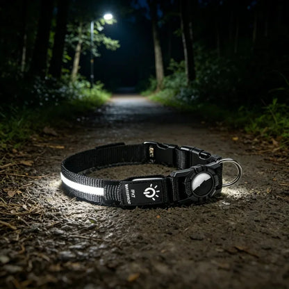 LED Luminous Adjustable Dog Collar Rechargeable Heavy Duty Collar Equipped AirTag Case for Small Medium Large Outdoor Pet Dogs