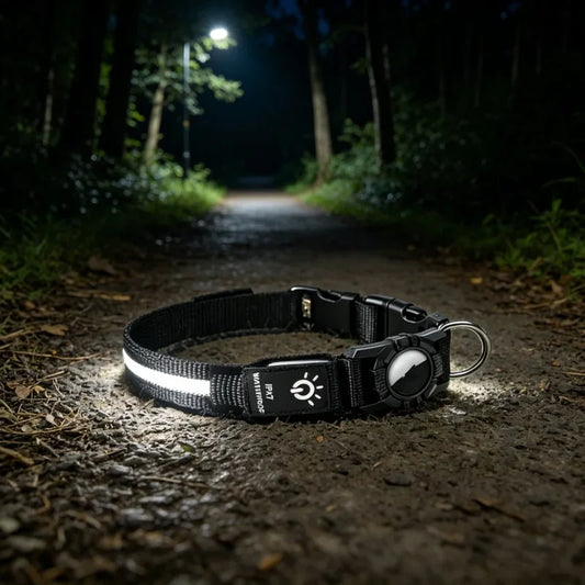 LED Luminous Adjustable Dog Collar Rechargeable Heavy Duty Collar Equipped AirTag Case for Small Medium Large Outdoor Pet Dogs