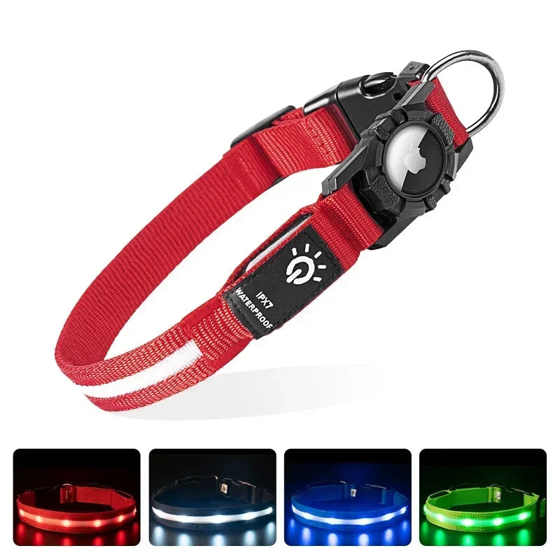 LED Luminous Adjustable Dog Collar Rechargeable Heavy Duty Collar Equipped AirTag Case for Small Medium Large Outdoor Pet Dogs