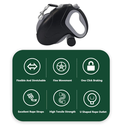 10-meter retractable dog leash with a 360° tangle-free, non-slip handle and a poop bag dispenser, ideal for outdoor walks